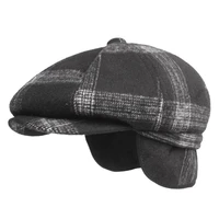yose brand plaid newsboy cap men autumn vintage wool octagonal cap male warm winter painter hat ear protectors