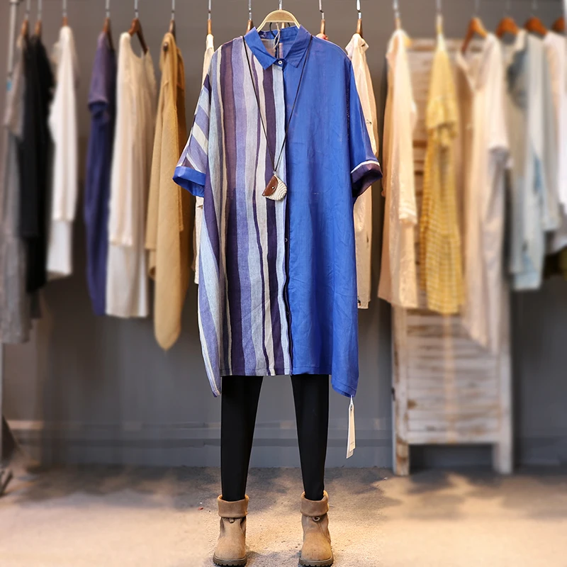 

Летние женские Ультра свободные технические универсальные Лоскутные рубашки/блузки из натуральной ткани удобные дышащие тонкие льняные д...