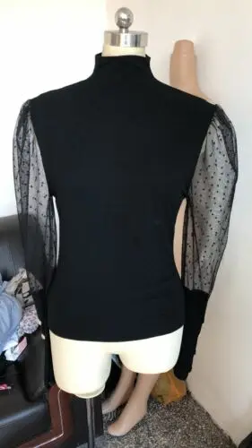 

2021 Spring Autumn Sweater Women Mesh Sheer Tops Puff Long Sleeve Polka Dot Knitted Sweaters Blouse Turtleneck Pullover
