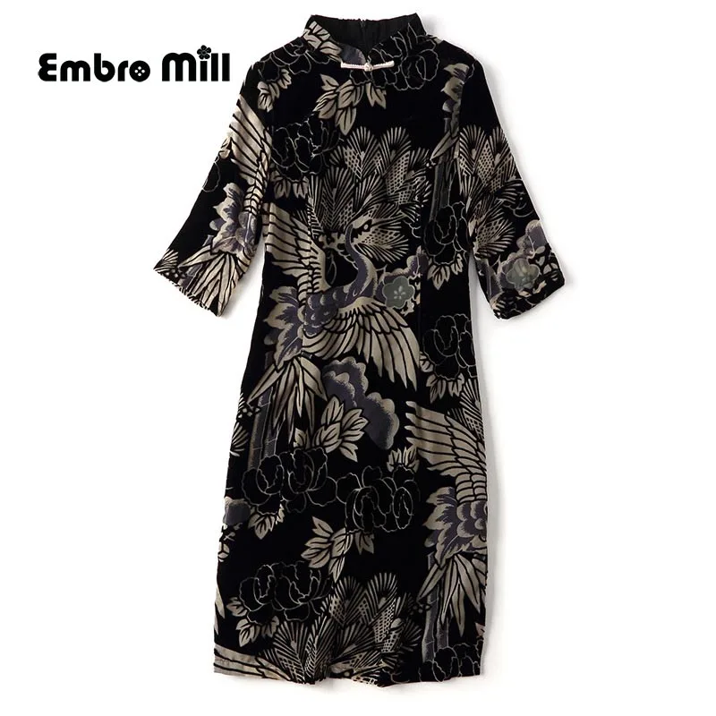 

high quality Floral cheongsam dress chinese style velvet Retro Slim Standing collar Autumn And Winter Long dress S-2XL