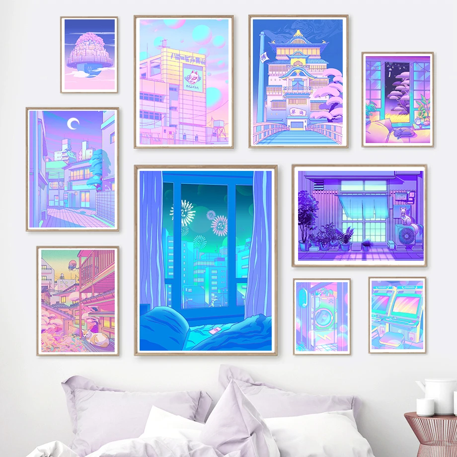 Постер в стиле Vaporwave 80-х годов городская ночь улица кот картина настенное