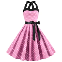 pink women summer dress rockabilly retro vintage 50s 60s polka dots bow swing female dress plus size