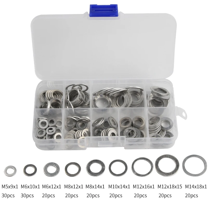 

200/280/450Pcs M5/M6/M8/M10/M12/M14 Aluminum Flat Washer Gasket Set Flat Ring Seal Kit Set with Box Hardware Parts