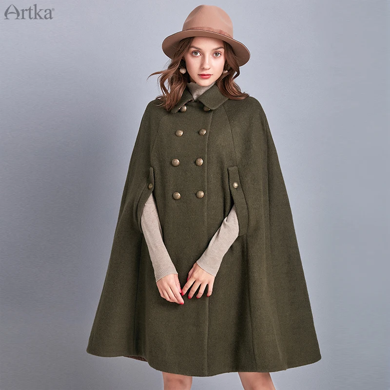 Женское винтажное шерстяное пальто ARTKA свободное двубортное с отложным