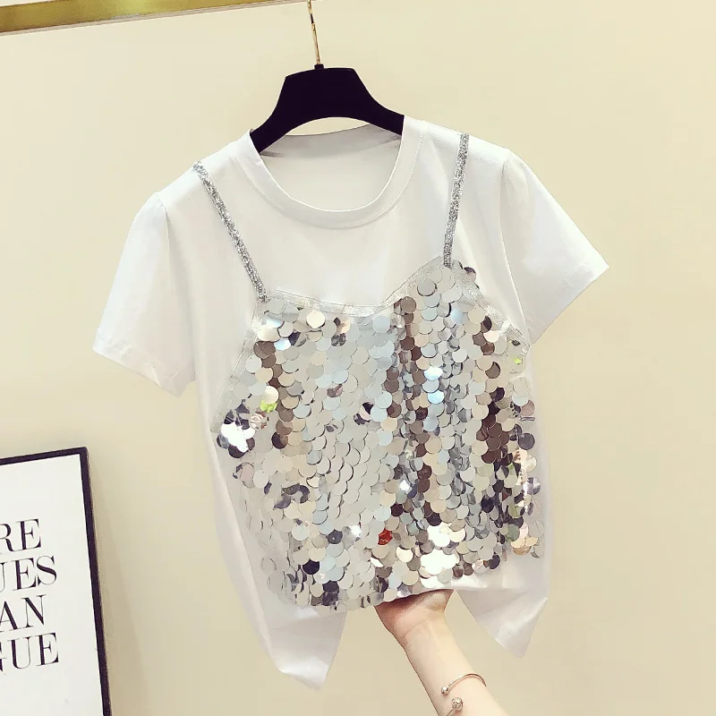 Футболка женская с коротким рукавом повседневный топ блестками круглым вырезом