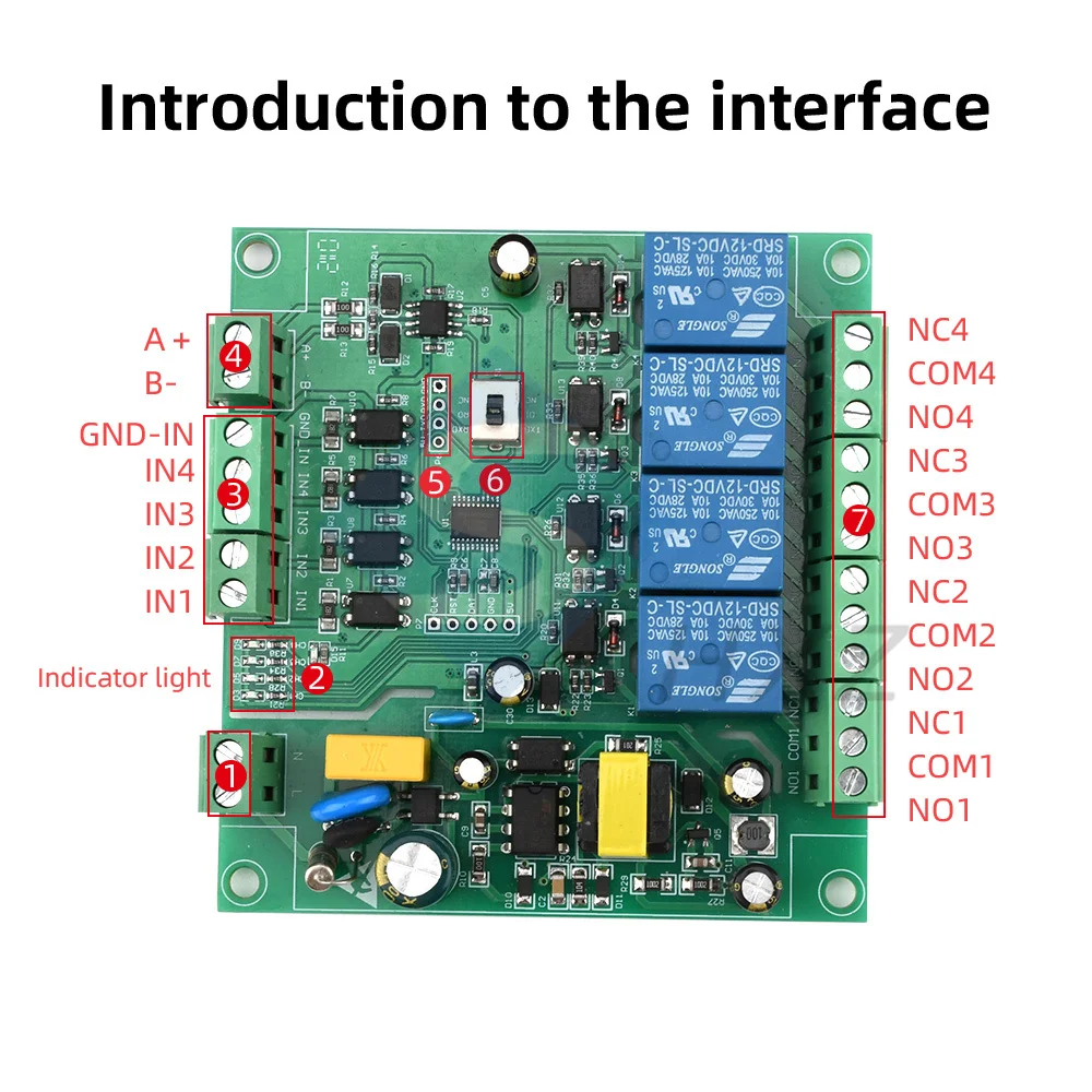Четырехсторонний релейный модуль Modbus RTU источник питания 220 В RS485/TTL UART |