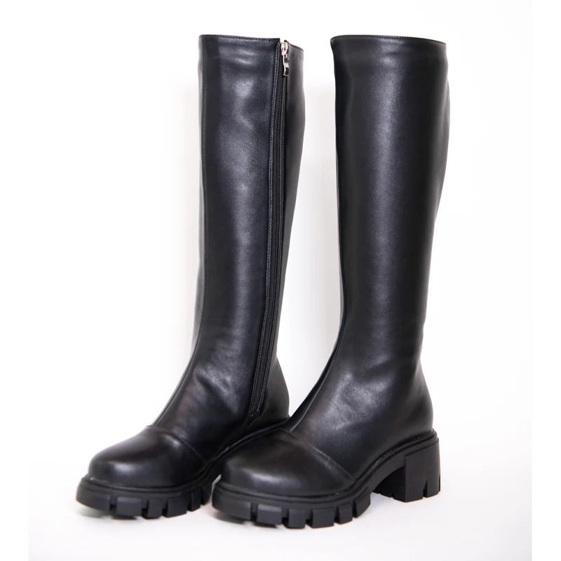 

Кожаные сапоги до колена; Женская осенне-зимняя обувь на высоком квадратном каблуке; Женская обувь на платформе; Элегантные женские черные ...