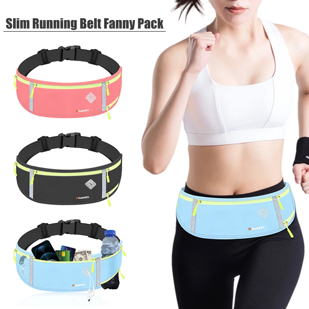 

HAWEEL Slim Running Belt Fanny Pack Fitness Cycling Waist Bag Reflective Runners Jogging Pocket Money Phone Holder Pink