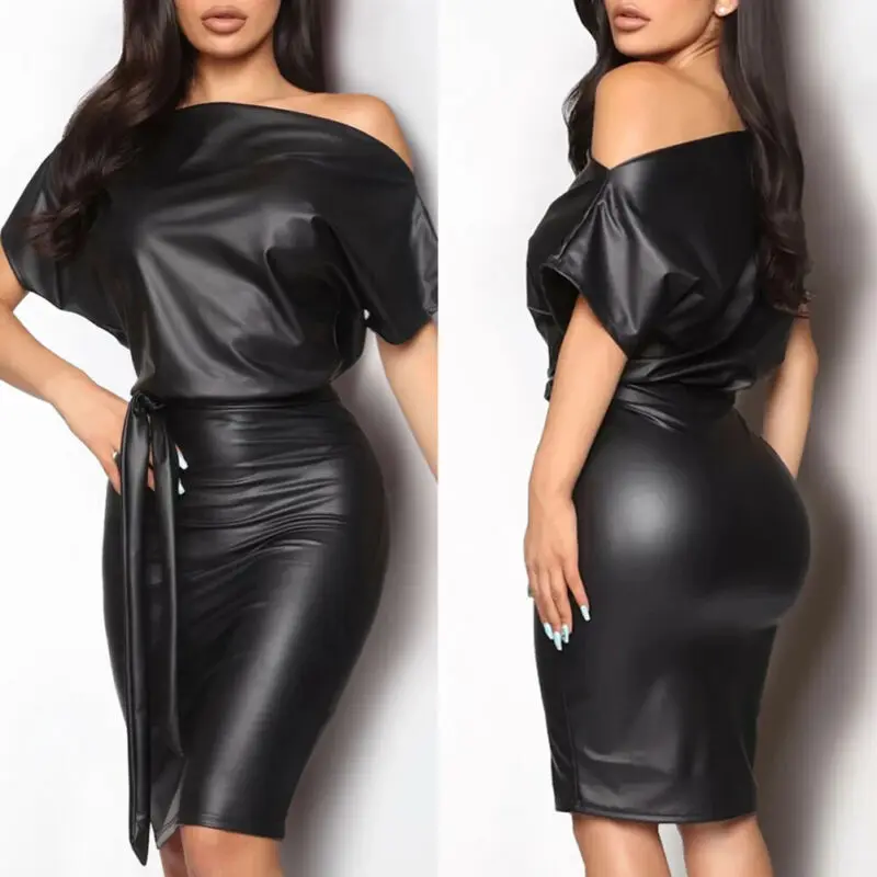 

Women Off Shoulder Long Sleeve 2020 Summer Chic Sexy Bodycon Mini Dress Slim Ladies Casual Party PU Leather Belted Pencil Dress
