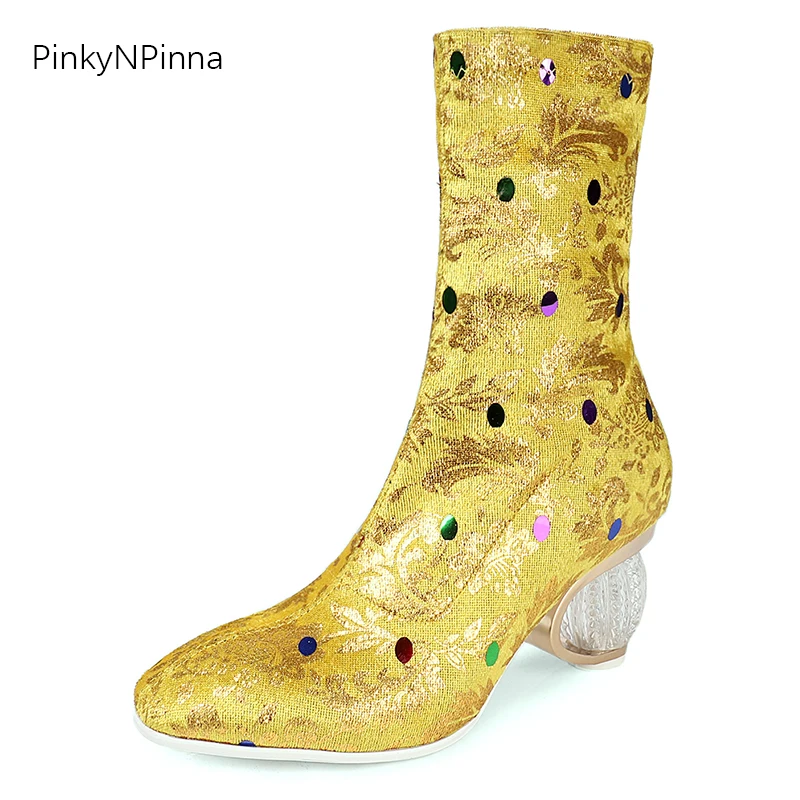

luxury crystal heels mid-calf boots women slip on flock fabric print dollar embroider polka dot large size fashion ladies shoes