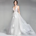 3D цветочное кружево, аппликация 2021, v-образный вырез, открытая спина, ТРАПЕЦИЕВИДНОЕ Тюлевое свадебное платье, нарядное платье для невесты