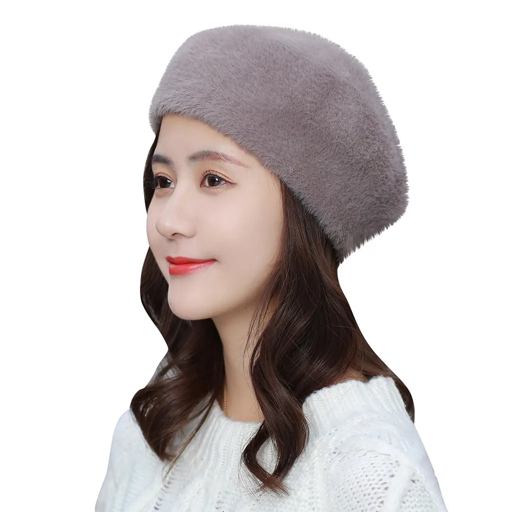 Хлопоковый берет шапки женские зимние французская шляпа девушки сплошной цвет