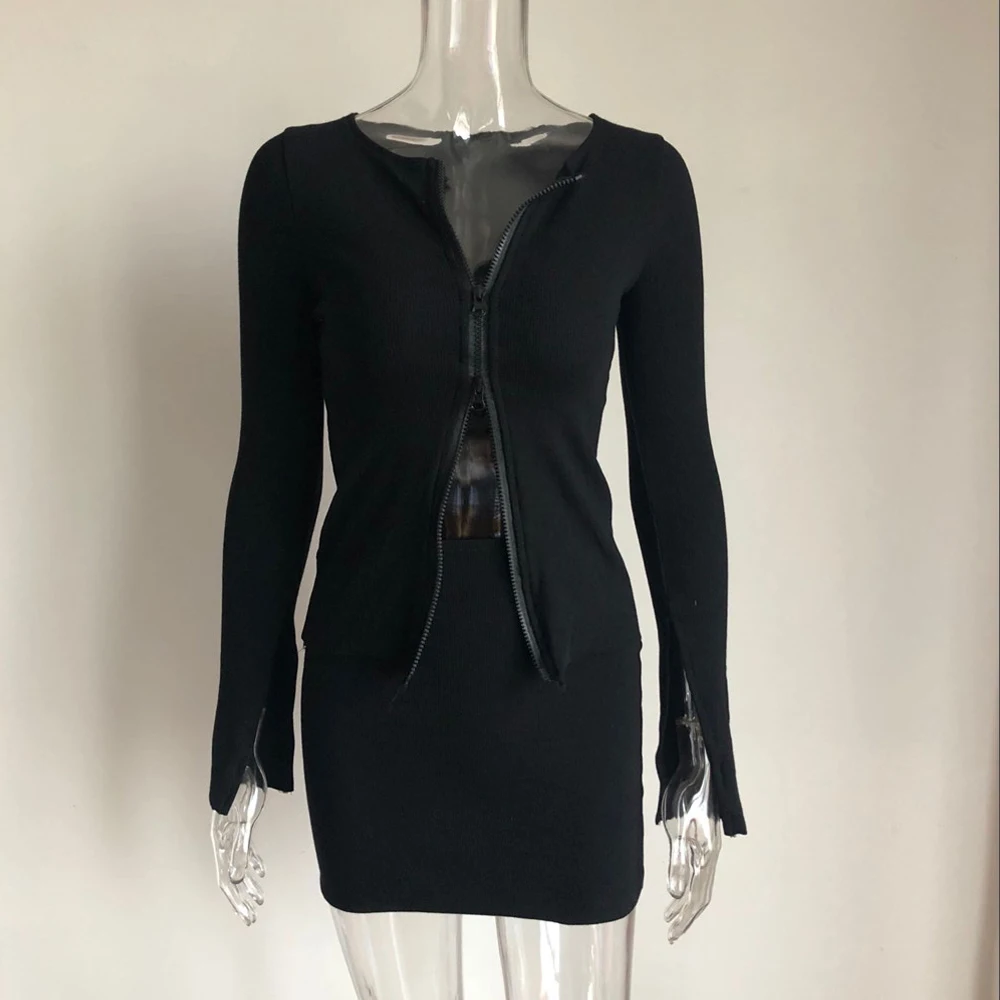 

2020 Autumn Two Pieces Sexy Zipper Full Sleeve White Matching Outfits Ribbed Tops and Skirts Sets Club Outfits