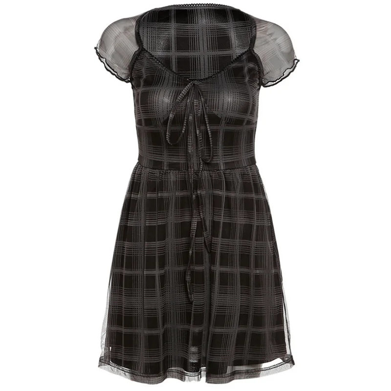 

Summer Casual New Street Fashion Women's V-neck Mini Skirt Sexy Ruffle Check Square Collar Street Hipster Dress
