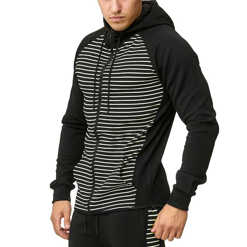 

ZOGAA Men's Hoodies Autumn New Large Size Striped Outwear Coat Balck White Color Matching Man Casual Hooded Zipper Sweatshirts