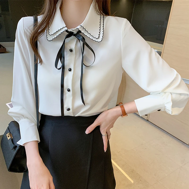 

Chikichi 2021 Spring and Autumn Hit Color Double-layer Lace Collar Shirt Women Long-sleeved Bowknot Korean Fashion Chiffon Shirt
