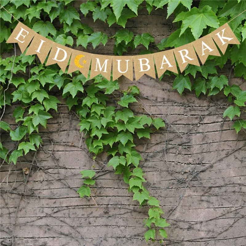 

Eid Mubarak Banner 2021 Muslims Ramadan Mubarak Decorations Linen Hanging Flag with Ropes Islam Home Decors Party Supplies