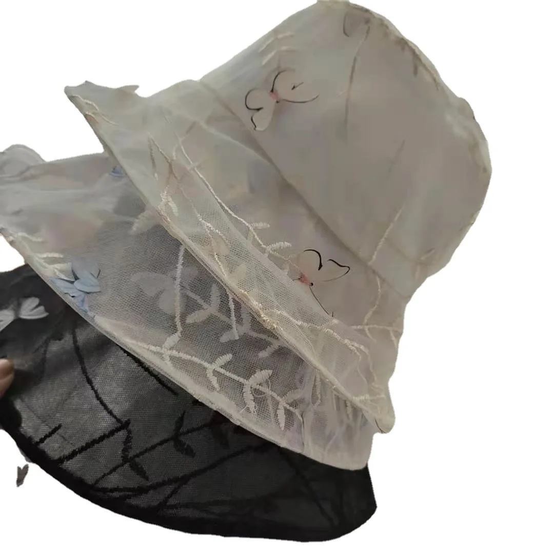 

Women's Summer Lace 3D Butterfly Embroidery Hat Korean-Style Fashion Elegant Elegant Topee Silk Fabrics Gauze Big Brim Sun