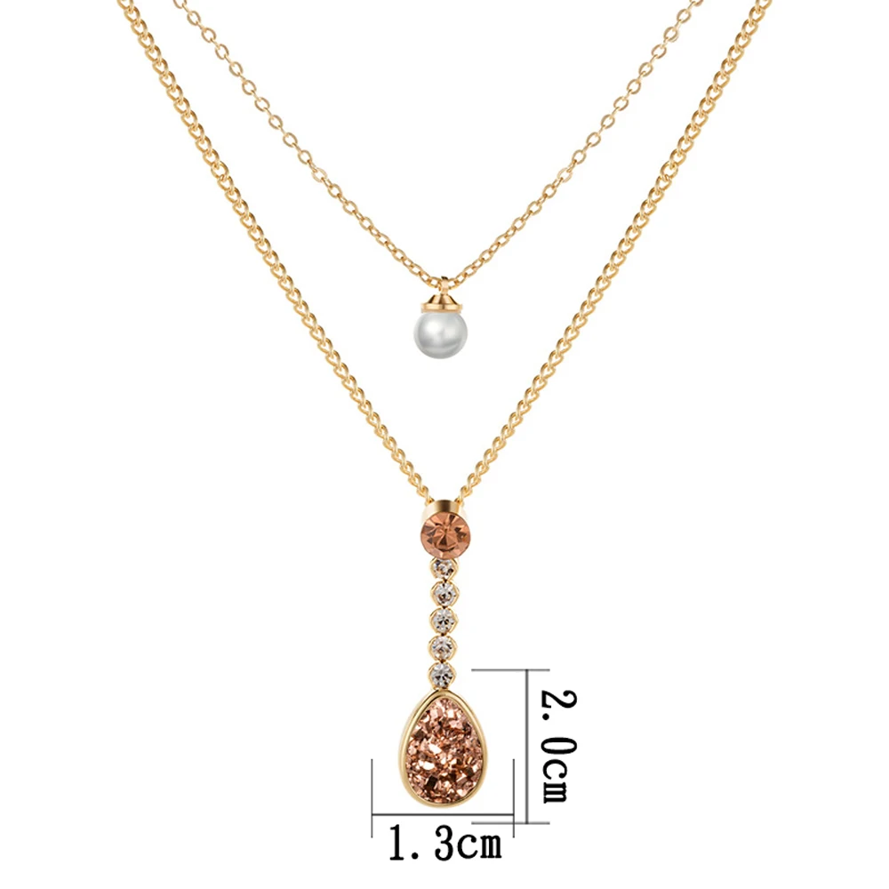 

Charm Water Drop Mosaic Natural Druzy Pearl Pendant Necklace Double Layer Crystal Gold Color Chain For Women Jewelry
