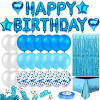 blue birthday party happy birthday banner striped curtain tablecloth heart shaped star shaped aluminum foil confetti balloon