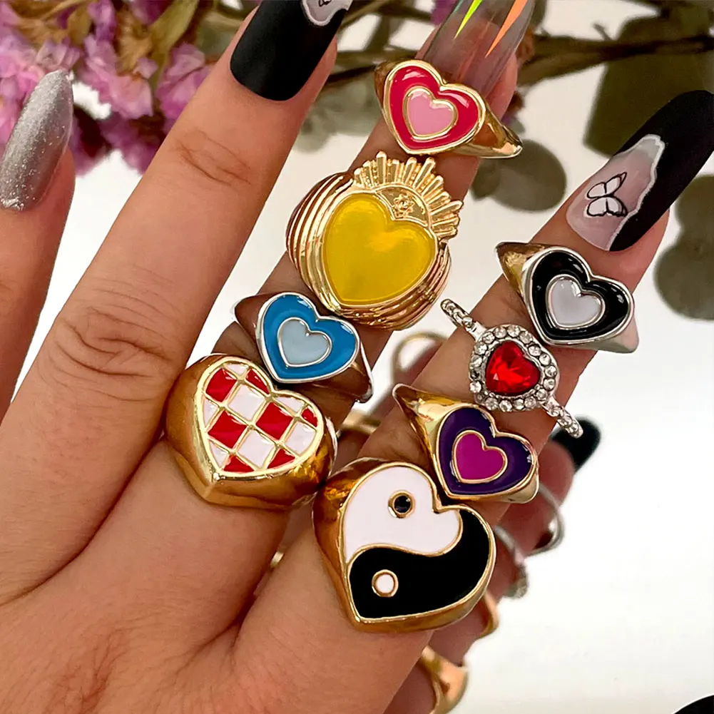 

New Ins Creative Colorful Enamel Love Heart Ring For Women Double Layer Heart Yin Yang Couple Rings Fashion Aesthetic Jewelry