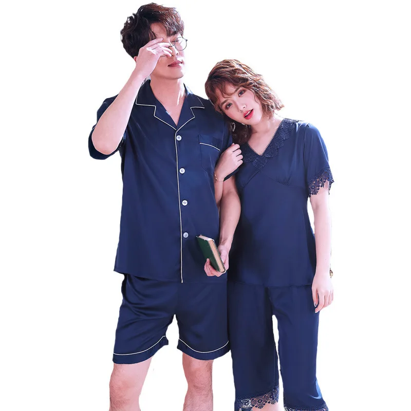 

Couple Pajamas Women Summer Silk Thin Section Short-Sleeved Korean Jacquard Stripe Men'S Sleepwear 2PCS Suit Pijama Nia Verano