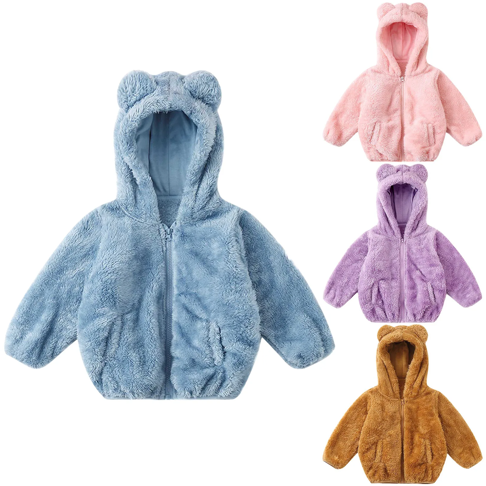 

1-5 Years Kids Girls Hoodie Jackets Children Windproof Solid Color Plush Thick Coat For Baby Boy Girl Winter Warm Coats Bear Ear