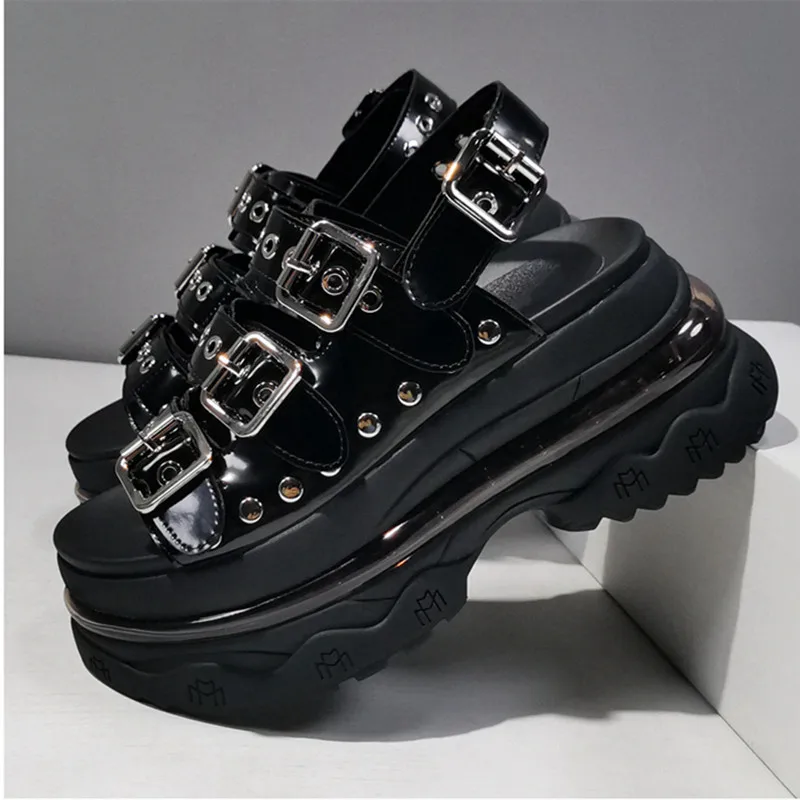 

Women Sandals 2021 Summer New Genuine Leather Flat Platform Women Shoes Height Increasing Metal Buckle Sandalias De Las Mujeres