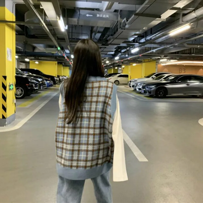 Женский винтажный клетчатый жилет в стиле Харадзюку стильная уличная одежда