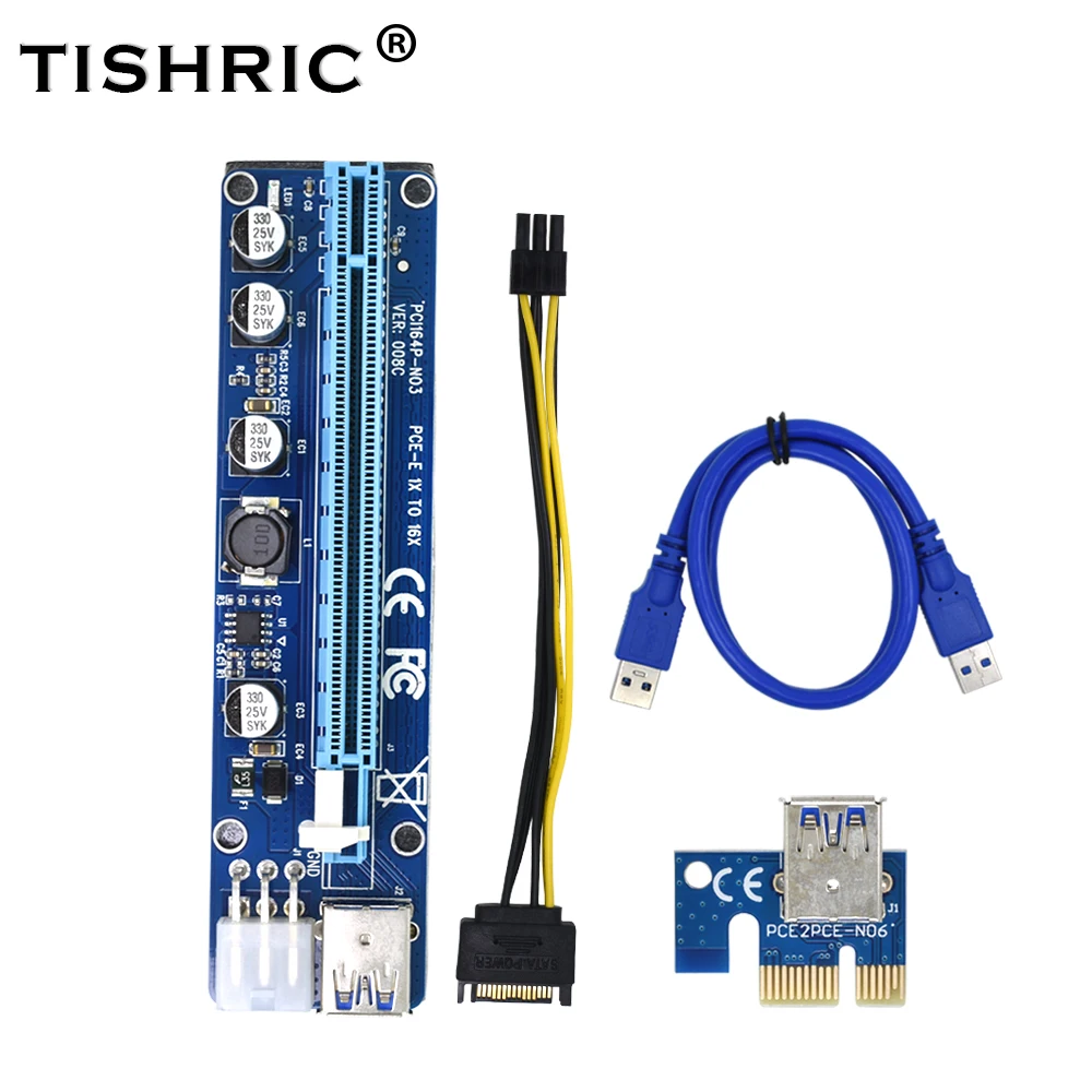 Райзер TISHRIC VER 008C Molex 6 Pin PCIE PCI-E PCI Express 1X до 16X удлинитель 60 см USB 3 0 кабель для