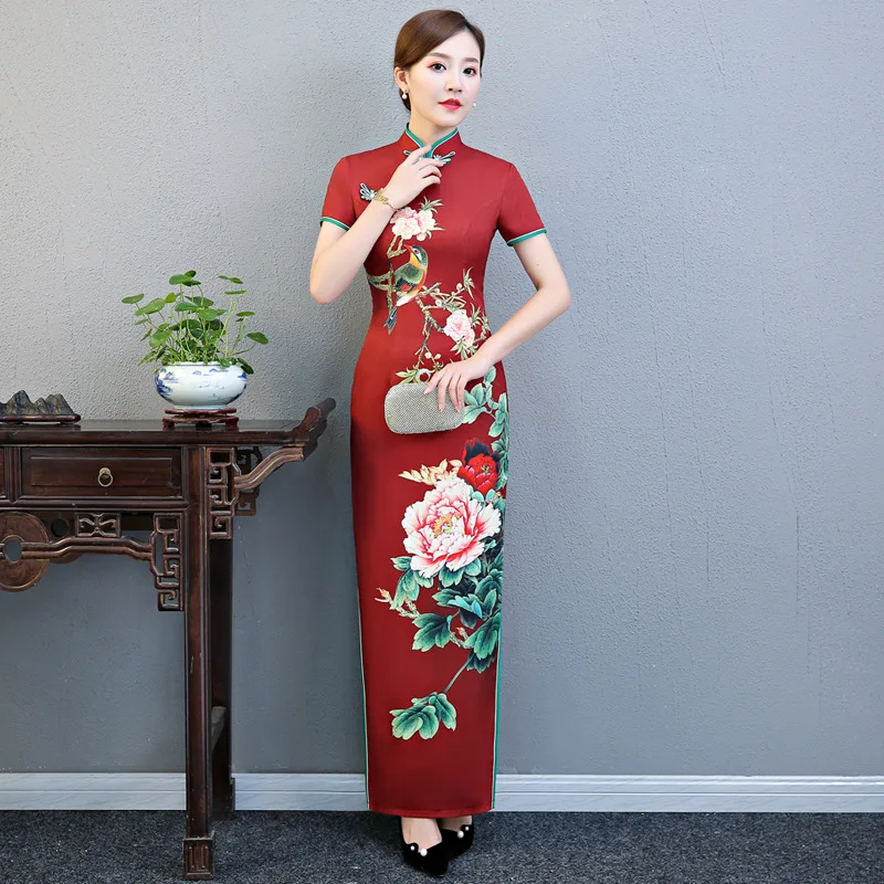 

Красное китайское платье Ципао размера плюс с цветочным принтом, сексуальное женское платье Ципао, Летнее Длинное тонкое винтажное вечерне...