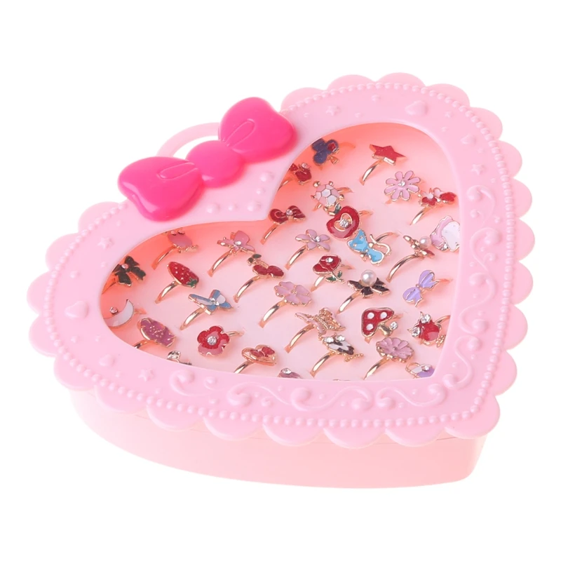 

36 pcs Alloy Cartoon Rings With Bow tie box Colorful Lovely Adjustable Jewelry Gifts Party Favors Toys for Children Kids