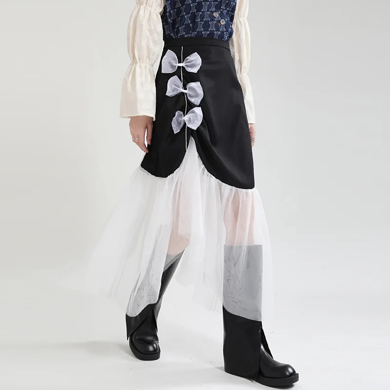 

Новинка 2021, мозаичная сетчатая юбка с бантом, облегающая юбка средней длины, женская модель Yamamoto