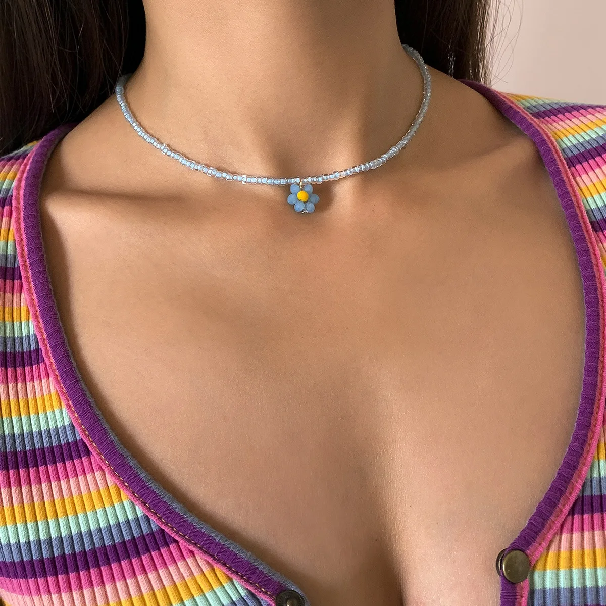 

Simple imitation crystal flower woven handmade necklace fashion ethnic single-layer rice bead beaded necklace for women