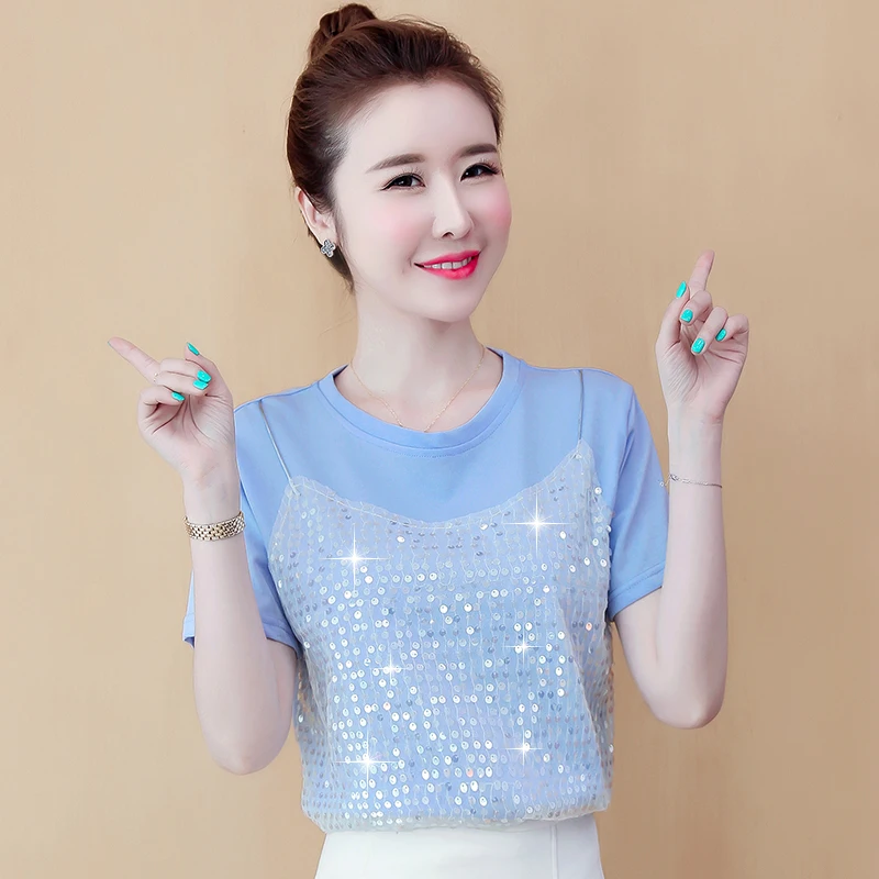 

COIGARSAM Short Sleeve Women T Shirt New Summer Sequins Tee Tops White Blue 8718