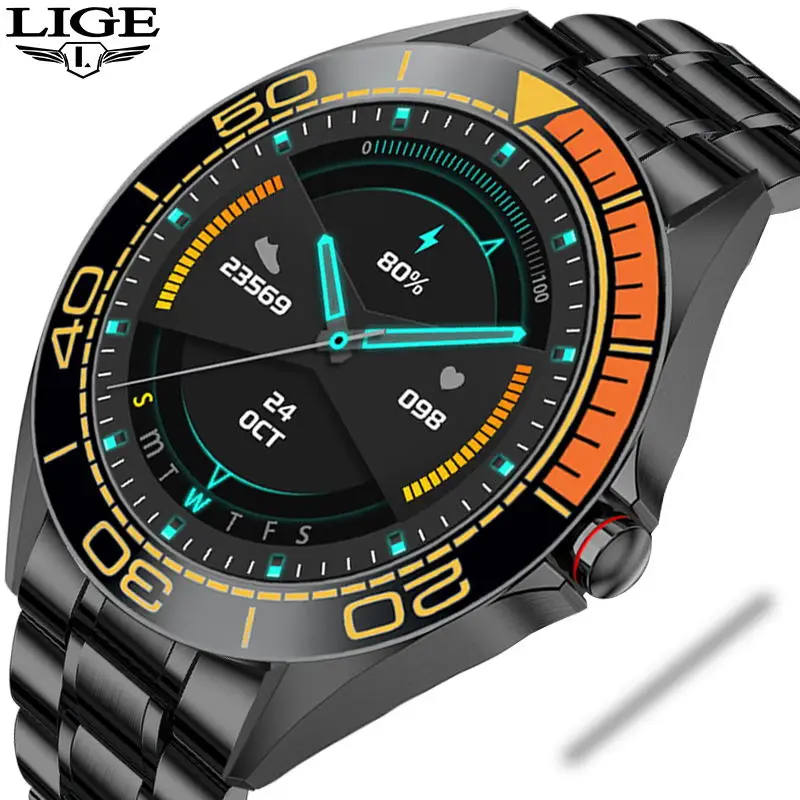 

Смарт-часы LIGE мужские со стальным ремешком, сенсорным экраном и Пульсометром
