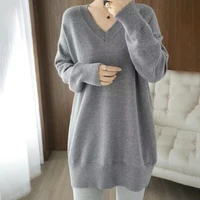oversized mid length womens sweater winter v neck loose casual knitted pullover korean sweet style tunics solid knitwear top