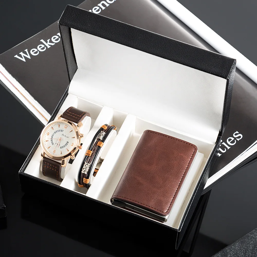 Новый дизайн 3 шт./компл. часы подарочный набор для мужчин модный браслет + сумка