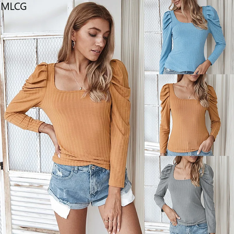 Осень зима 2020 Классическая трикотажная тонкая футболка с квадратным вырезом и