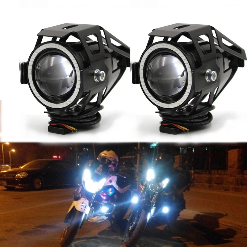 

2PCS Motorcycle Headlight w/ Angel Eye Devil Eye 3000LM 125W moto spotlight U7 LED Driving Fog Spot Head Light Decorative Lamp