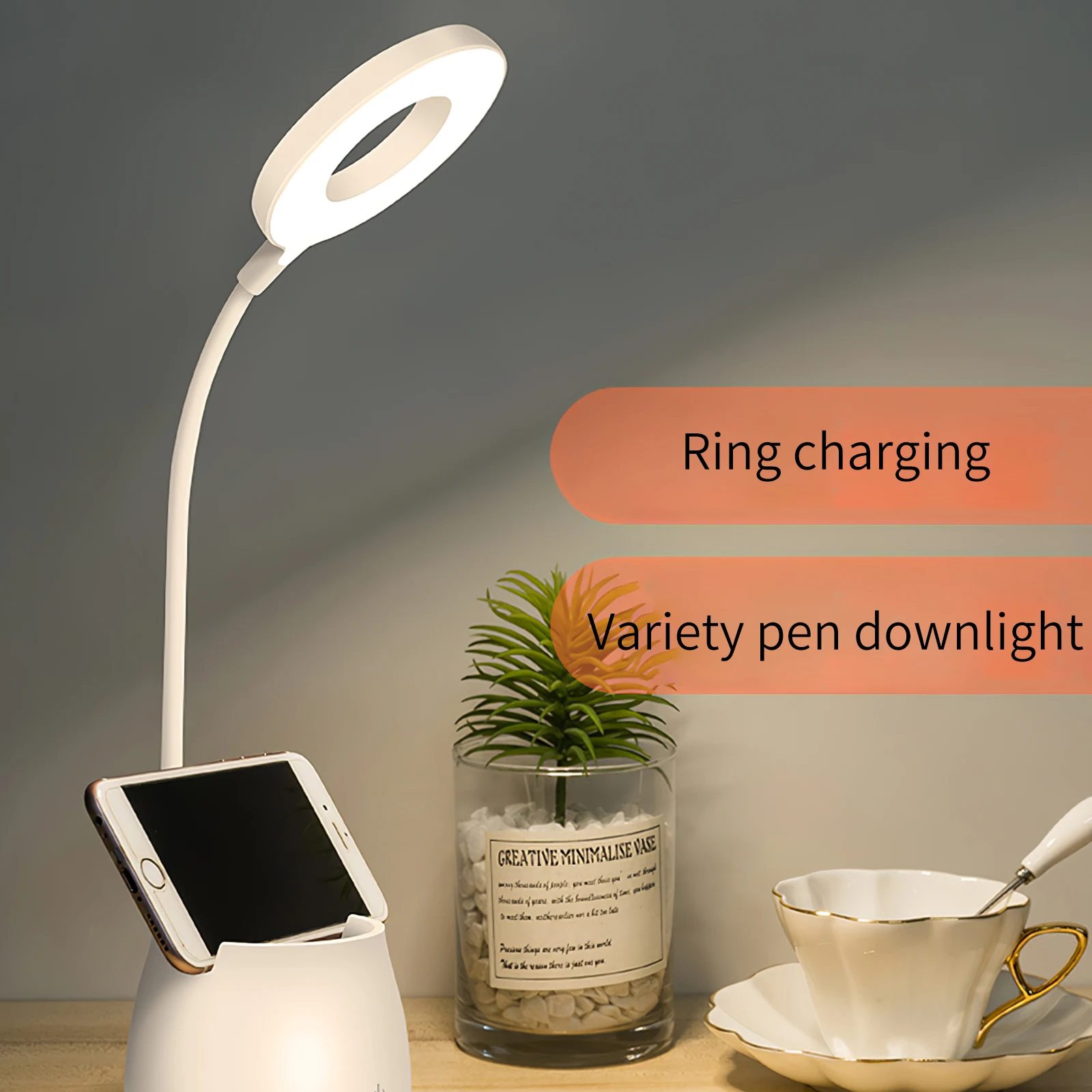 

Настольная лампа с держателем для ручки, бесступенчатая Светодиодная настольная лампа, регулируемая яркость, ночная лампа для чтения, пере...