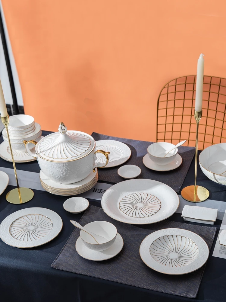 Рельефная посуда из костяного фарфора набор тарелок Глубокая тарелка