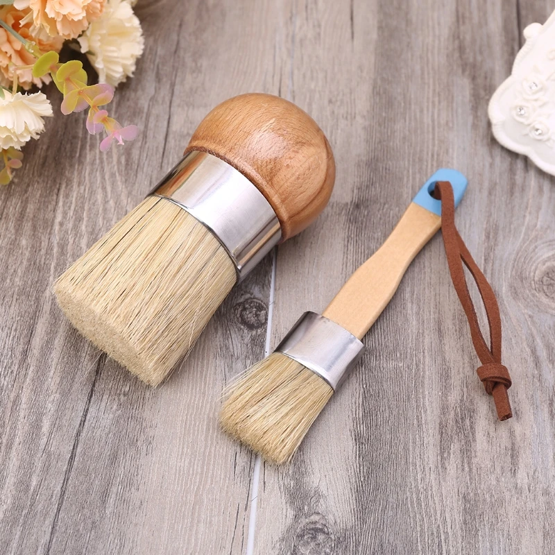 

2 Pcs Round and Flat Chalk Paint Wax Brush Ergonomic Wood Handle Natural Bristle Brushes Furniture Painting Waxing Tool