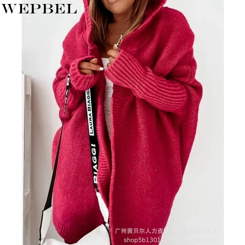 

WEPBEL Casual Solid Color Cardigan Sweater Women's Loose Sweater Coat Autumn Batwing Sleeve Turn-down Collar Hooded Sweater