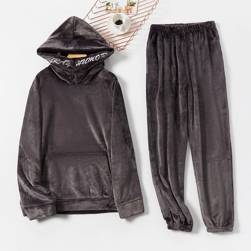 Mens Pajamas Flannel Pajamas Fall/winter Hooded Home Service Thickened Pajamas Plus Velvet Couple Pajamas Set