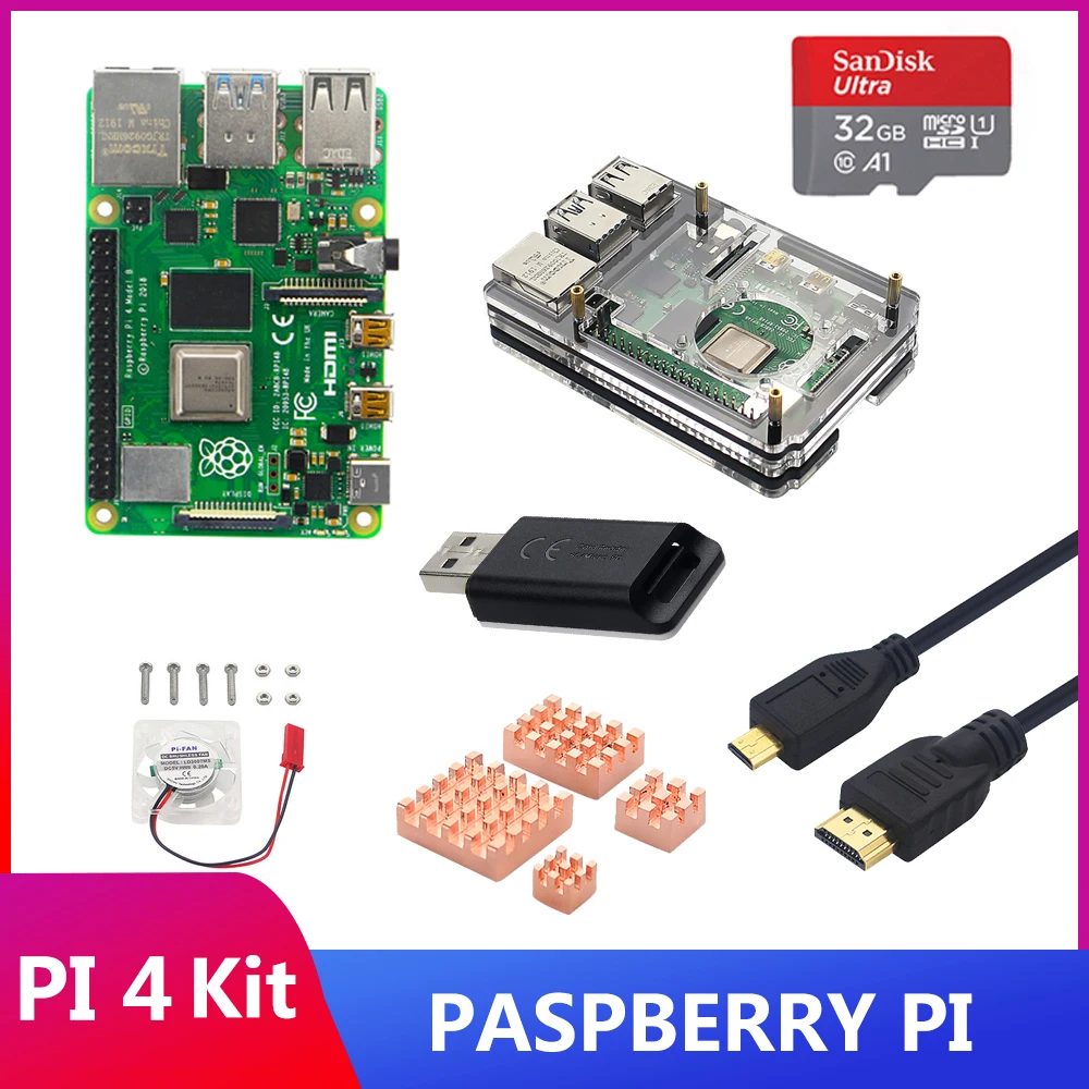 

Raspberry Pi 4 Модель B Kit 2/4/8 ГБ + 64 ГБ/32 ГБ + чехол + медный радиатор + видеокабель + вентилятор ITINIT R116