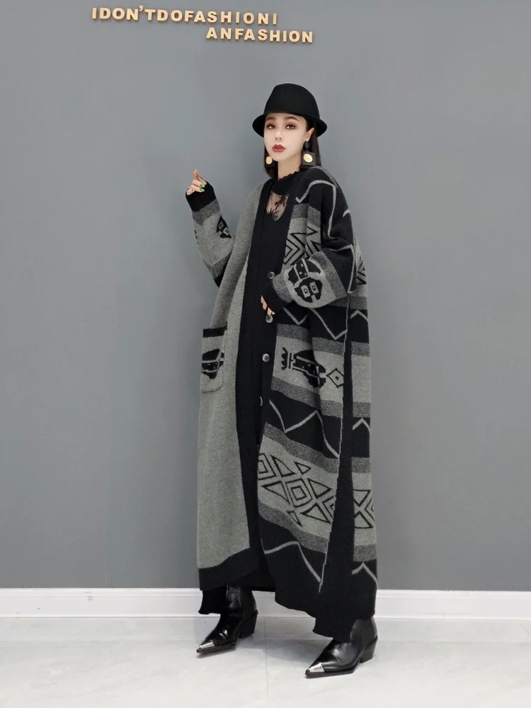 QING MO Spring Winter Fashion Retro Printing Sweater Jacket Women 2022 New Plus Size Single Breasted Knitted Long Coat ZWL1077 | Женская