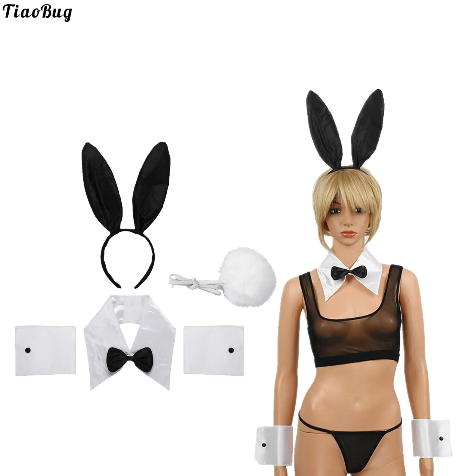

TiaoBug Rabbit Ear Headband Collar Bow Tie Costume Cuffs Bunny Tail Ball For Halloween Christmas Costume Cosplay Roleplay Party