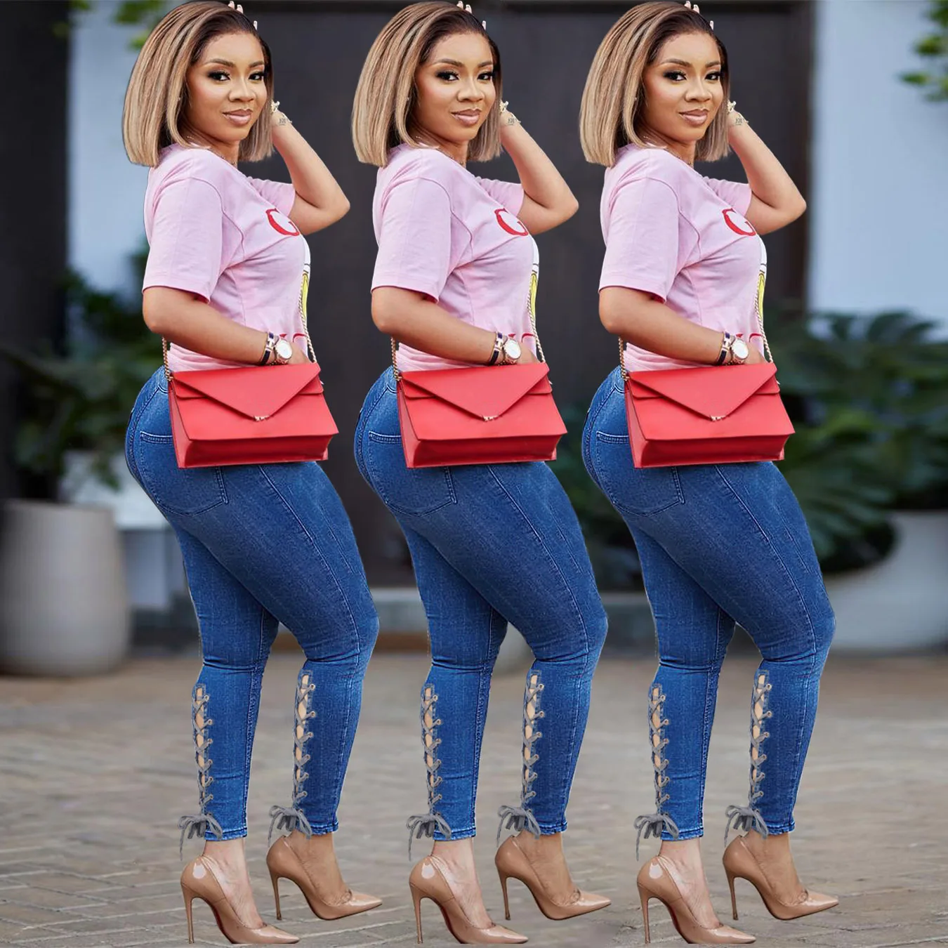 

Denim Pencil Pants Autumn Fashion Solid Hollow Out Bandage Jeans Women's Casual Button High Waist Stretch Slim Jeans