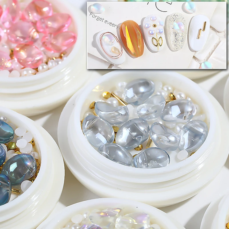 

1 Box Nail Art Rhinestone Mixed Crystal Stone Pearl Blue Gems Metal Heart Beads Studs Jewelry for 3D Manicure Decorations